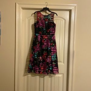 multicolored Tahari sleeveless dress with strapless black under dress